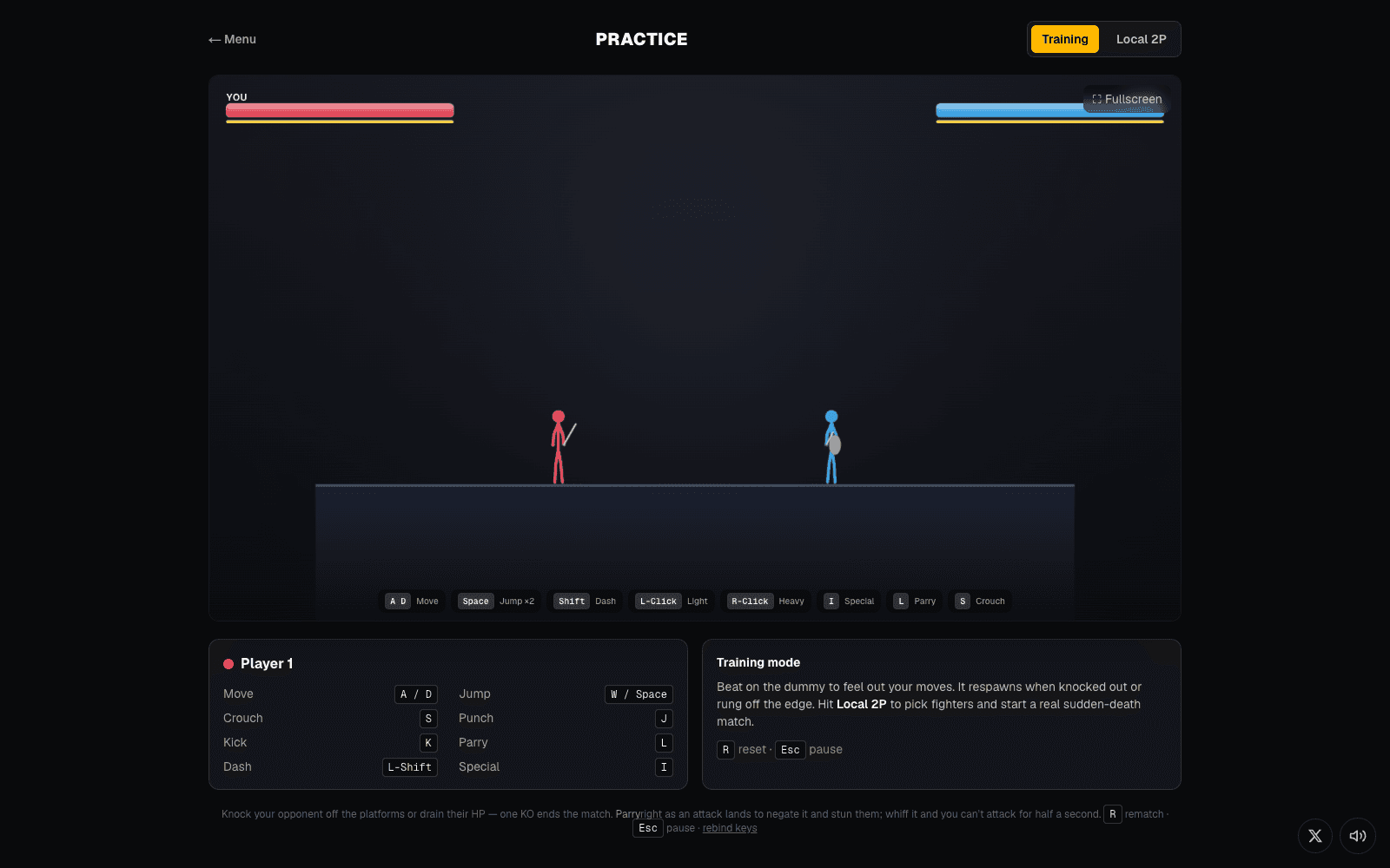 brkt battle practice mode, two stick fighters on a platform