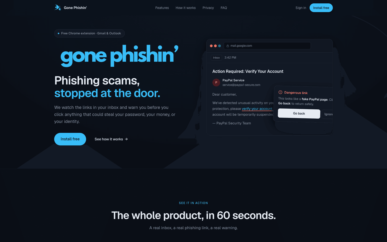 gone phishin' home page warning about a fake paypal link